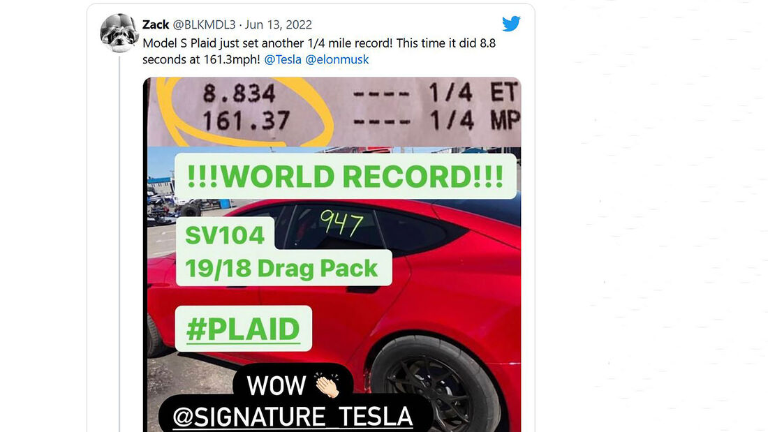 06/2022, Tesla Model S Plaid Viertelmeile-Rekord Screenshot Twitter