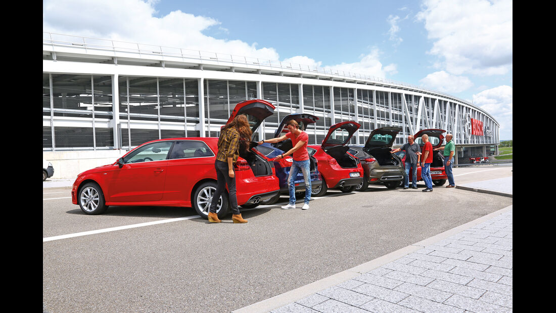 Alfa Romeo Giulietta 1.4 TB, Audi A3 1.8 TFSI, BMW 118i, Citroën DS4 THP 200, Ford Focus 1.6 Ecoboost, Heckklappe
