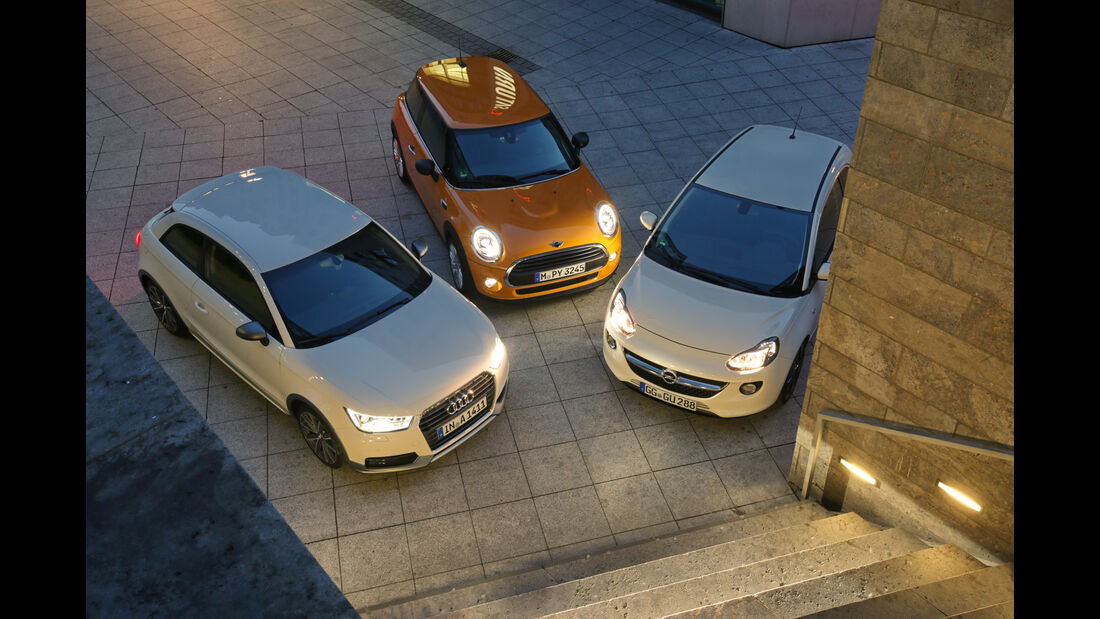 Audi A1 1.0 TFSI, Mini One, Opel Adam 1.0 DI Turbo, Frontansicht