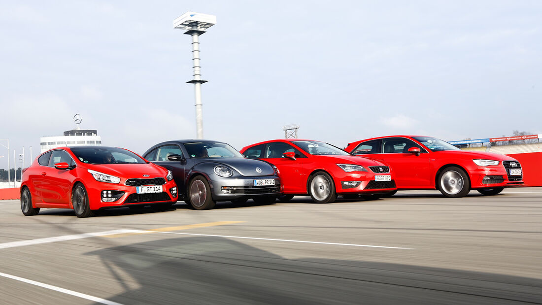 Audi A3 1.8 TFSI, Kia Procee’d GT, Seat Leon SC 1.8 TSI, VW Beetle 2.0 TSI, Frontansicht