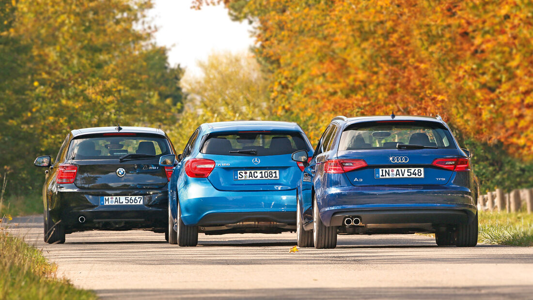 Audi A3 Sportback 1.4 TFSI, BMW 116i, Mercedes A 180, Heckansicht