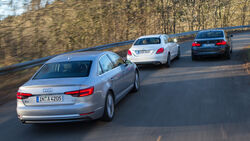 Audi A4 1.4 TFSI, BMW 318i, Mercedes C 180, Heckansicht