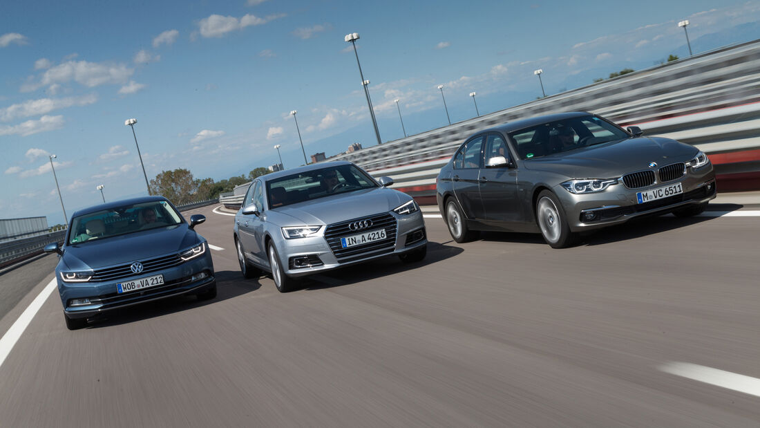 Audi A4, BMW Dreier, VW Passat, Frontansicht