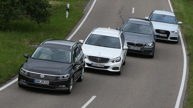 Audi A6 Avant 2.0 TFSI, BMW 528i Touring, Mercedes E 250 T Elegance, VW Passat Variant 2.0 TSI