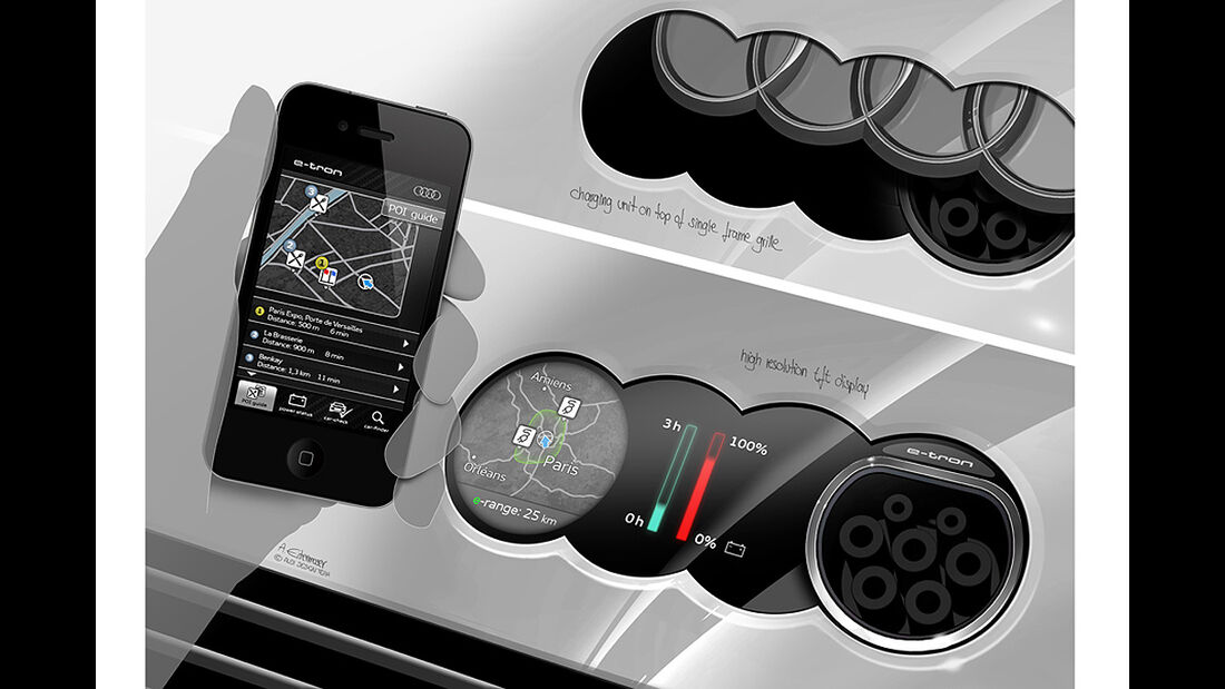 Audi E-Tron Spyder, Designskizze, Innenraum, Cockpit, Anzeige