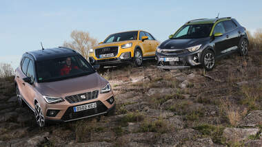 Audi Q2 1.0 TFSI Sport, Kia Stonic 1.0 T-GDI Spirit, Seat Arona 1.0 TSI Xcellence, Exterieur