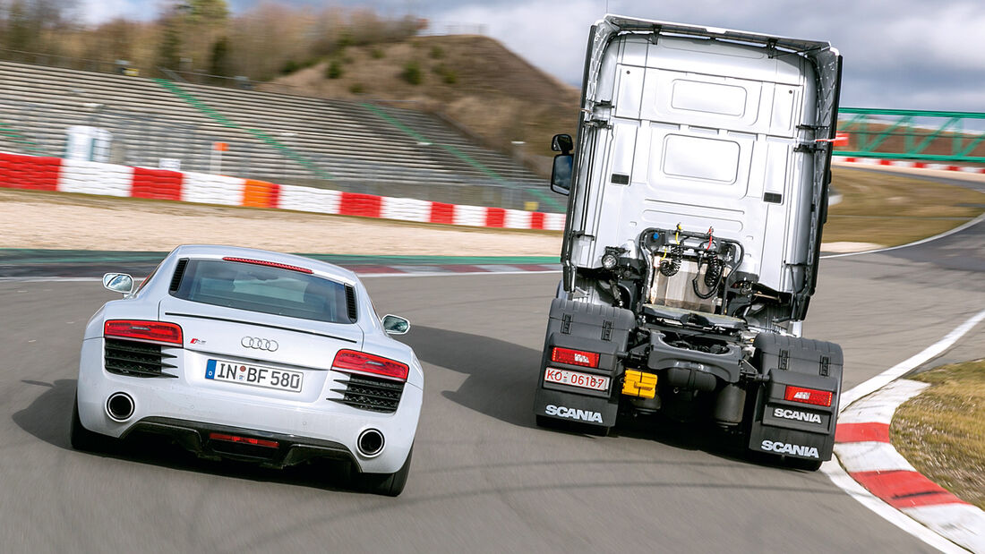 Audi R8 Coupé 4.2 FSI, Scania R 730 Topline, Heckansicht