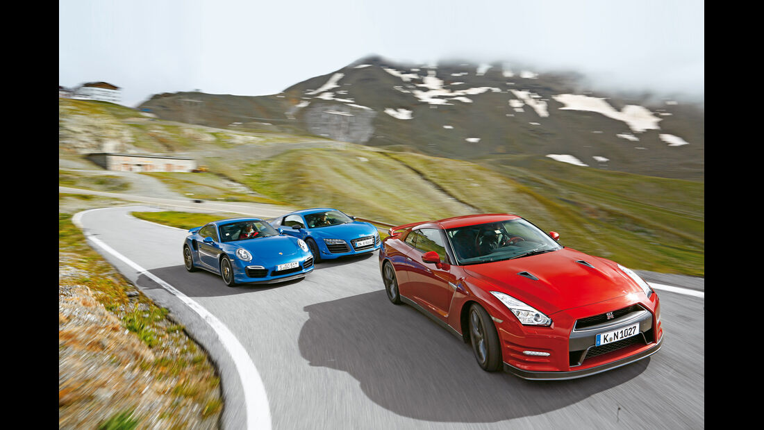 Audi R8 LMX, Nissan GT-R, Porsche 911 Turbo S, Frontansicht