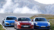 Audi R8 LMX, Nissan GT-R, Porsche 911 Turbo S, Frontansicht
