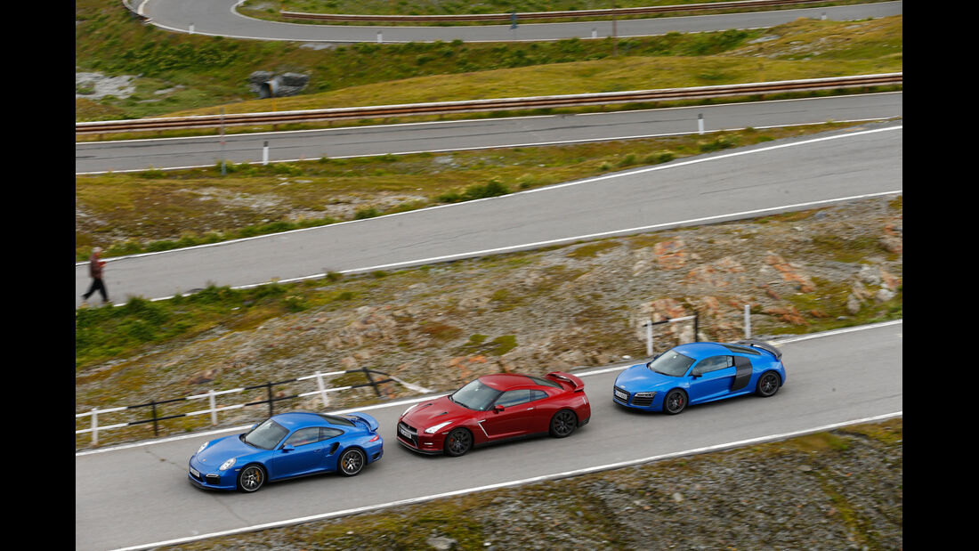 Audi R8 LMX, Nissan GT-R, Porsche 911 Turbo S, Seitenansicht