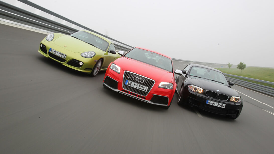 Audi RS3 Sportback, Porsche Cayman R, BMW Einser M Coupe, Gruppenbild, Front