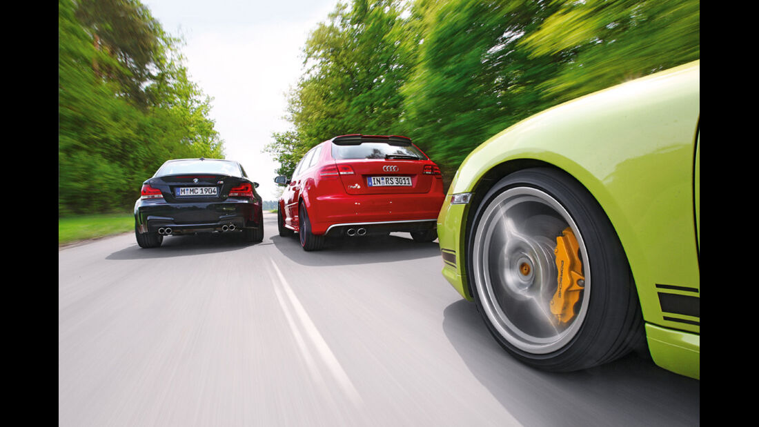 Audi RS3 Sportback, Porsche Cayman R, BMW Einser M Coupe, Gruppenbild, Teststrecke, Aktion