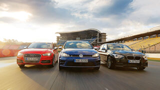 Audi S3 Sportback, BMW M135i xDrive, VW Golf R, Frontansicht