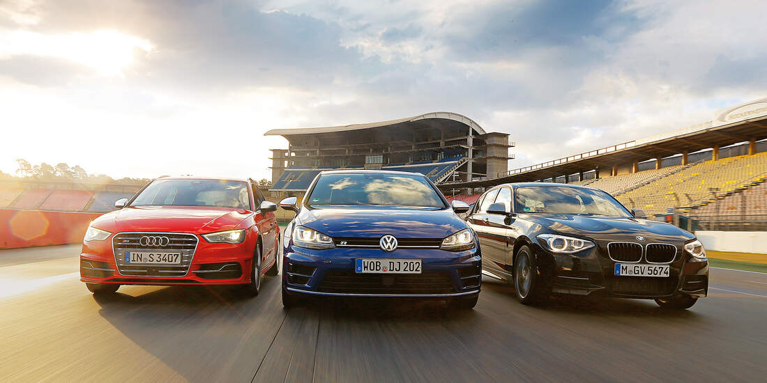 Audi S3 Sportback, BMW M135i xDrive, VW Golf R, Frontansicht