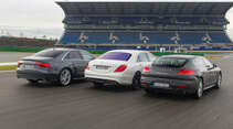 Audi S8, Mercedes S 63 AMG 4Matic, Porsche Panamera Turbo, Heckansicht