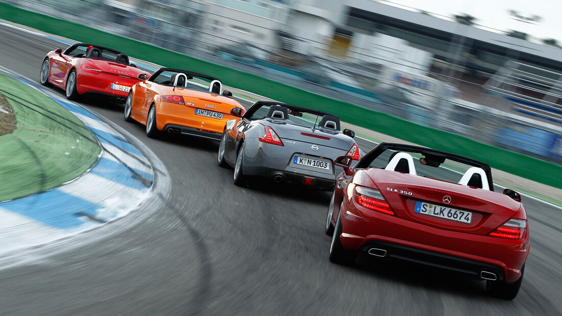 Audi TTS Roadster, Mercedes SLK 350, Nissan 370Z Roadster, Porsche Boxster S, Heckansicht