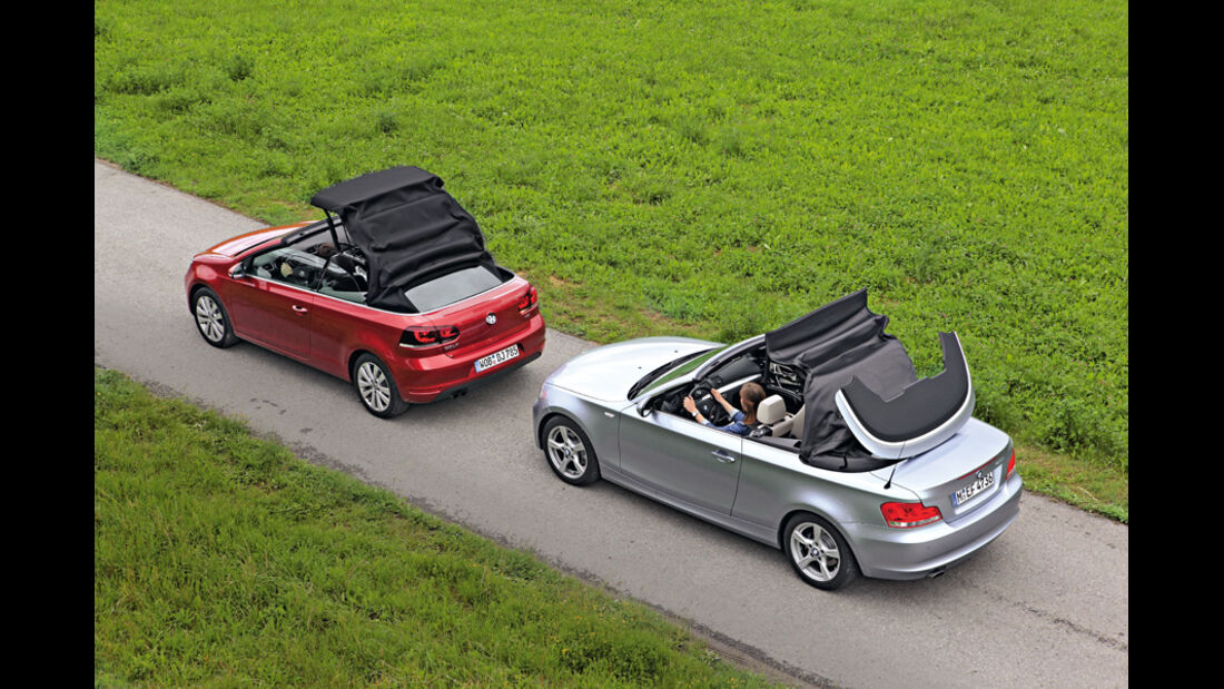 BMW 120i Cabrio, VW Golf Cabrio 1.4 TSI, Seitenansicht, Dach öffnet