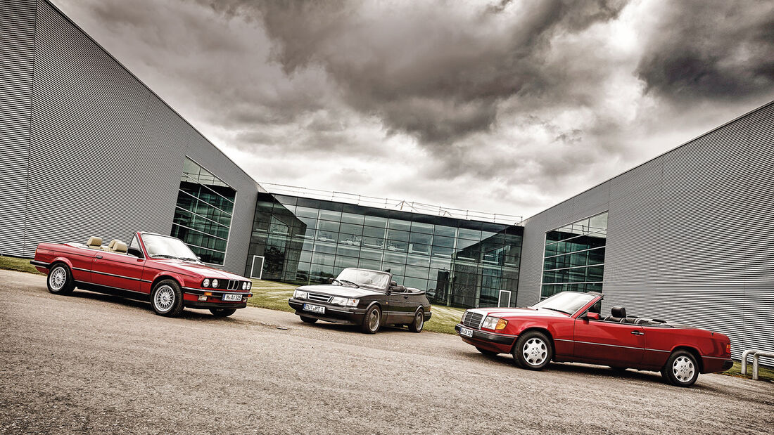 BMW 325i, Mercedes 300 CE-24, Saab 900, Seitenansicht