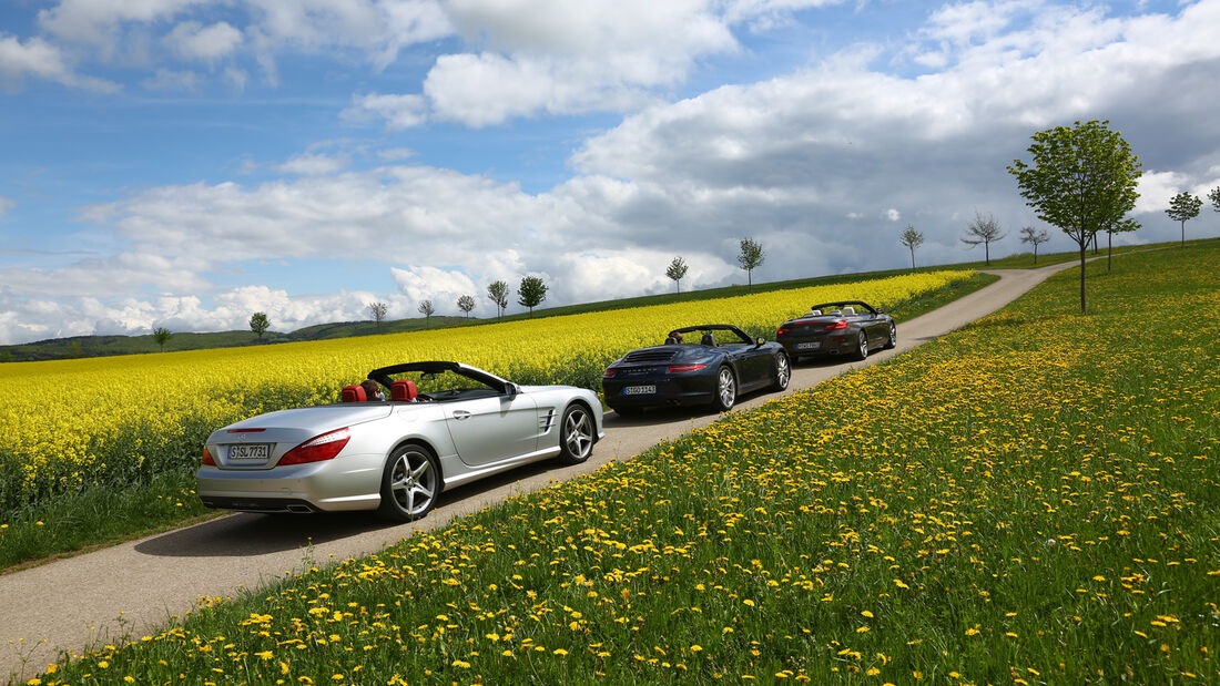 BMW 650i, Mercedes SL 500, Porsche 911 Carrera S, Seitenansicht