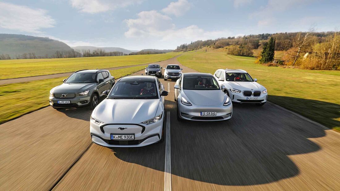 BMW IX3, Ford Mustang Mach-E, Jaguar I-Pace, Mercedes EQC 400, Tesla Model Y, Volvo XC40 Recharge