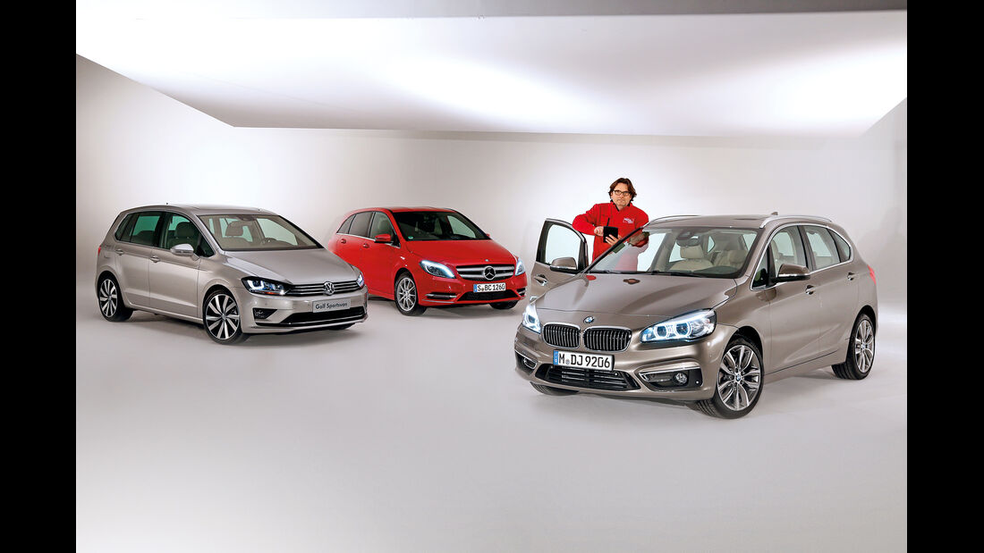 BMW Zweier Active Tourer, Mercedes B-Klasse, VW Golf Sportsvan, Frontansicht