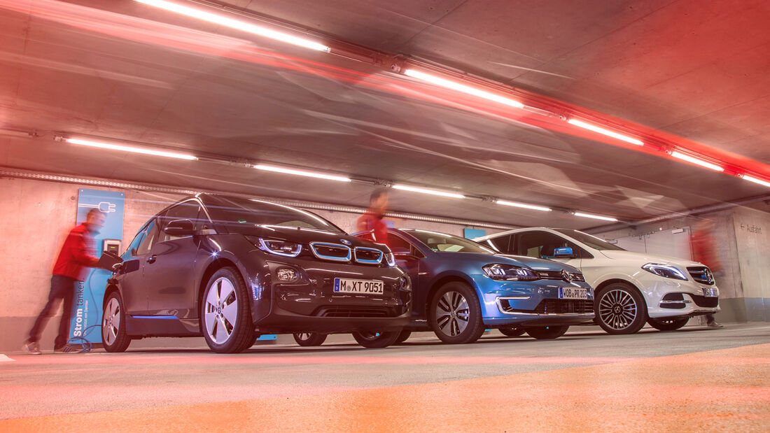 BMW i3, Mercedes B-Klasse Electric Drive, VW e-Golf, Seitenansicht