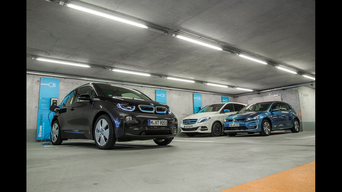 BMW i3, Mercedes B-Klasse Electric Drive, VW e-Golf, Tiefgarage