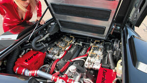 Blondine im Catsuit mit dem V12 des Lamborghini Countach Turbo S - Blick in den Motorraum und den Ausschnitt
