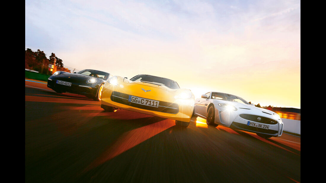 Corvette C7 Stingray, Porsche 911 Carrera S, Jaguar XKR-S, Frontansicht