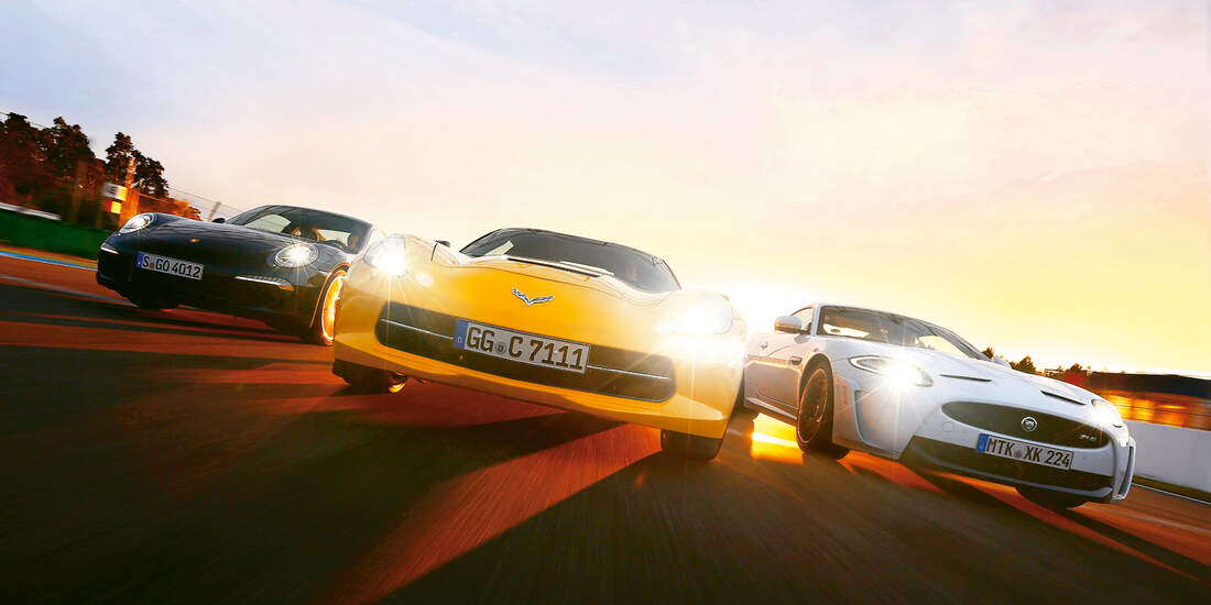 Corvette C7 Stingray, Porsche 911 Carrera S, Jaguar XKR-S, Frontansicht