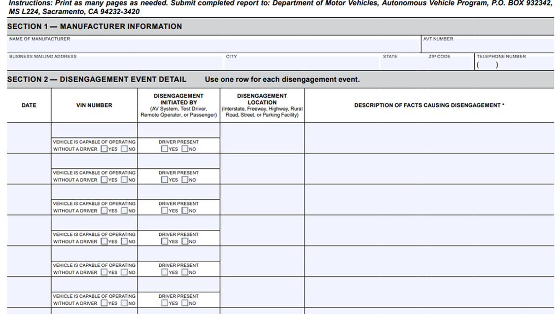 DMV Report Disengagement Kalifornien