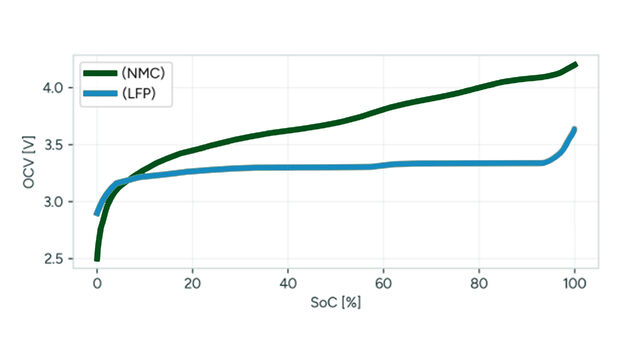 Die beispielhaften OCV-Kurven von NMC- und LFP-Akku im Vergleich über die verschiedenen SOC-Stände.