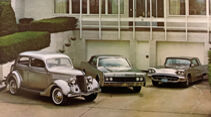 Edelstahl-Autos: 1936er Ford Deluxe Sedan, 1960er Ford Thunderbird, 1967er Lincoln Continental Convertible
