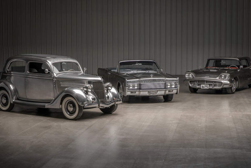 Edelstahl-Autos: 1936er Ford Deluxe Sedan, 1960er Ford Thunderbird, 1967er Lincoln Continental Convertible