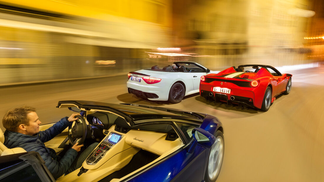 Ferrari 458 Speciale A, Lamborghini Aventador Roadster, Maserati Gran Cabrio MC