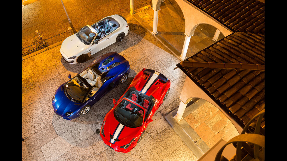 Ferrari 458 Speciale A, Lamborghini Aventador Roadster, Maserati Gran Cabrio MC