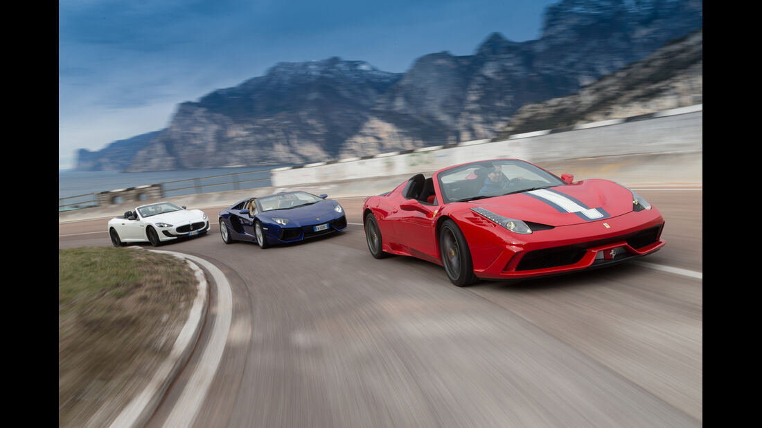 Ferrari 458 Speciale A, Lamborghini Aventador Roadster, Maserati Gran Cabrio MC