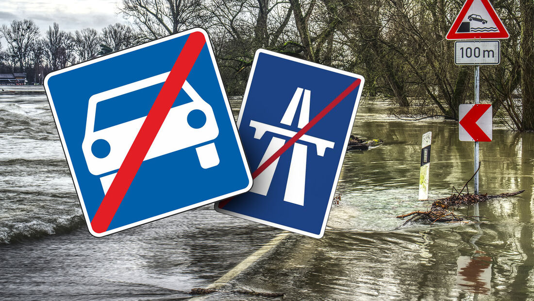 Flut Hochwasser Straße Autobahn Sperrung