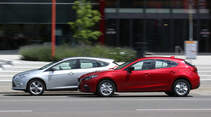 Ford Focus 1.0 Ecoboost, Mazda 3 Skyaktiv-G 100, Seitenansicht