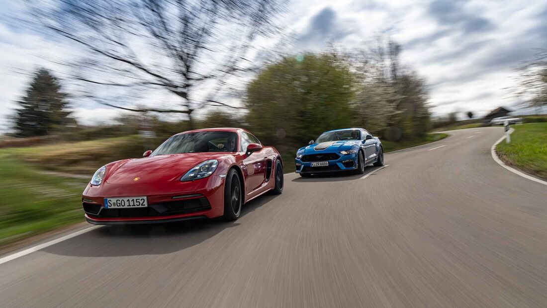 Ford Mustang Coupé V8 Mach 1, Porsche 718 Cayman GTS 4.0