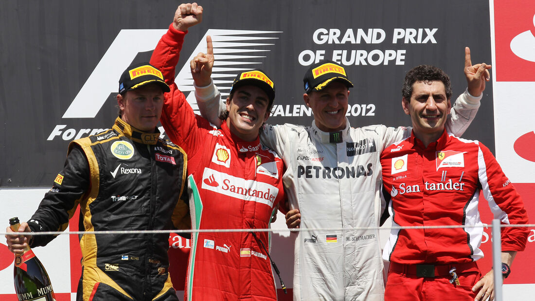 GP Europa 2012 Valencia - Michael Schumacher - Fernando Alonso - Kimi Räikkönen - Siegerehrung