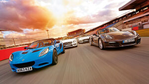 Jaguar F-Type, Lotus Elise S CR, Mercedes SLK 350, Porsche Boxster, Frontansicht