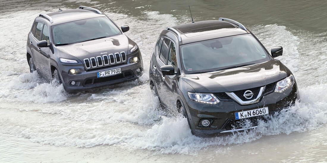 Jeep Cherokee 2.0 Multijet, Nissan X-Trail 1.6 dCi 4x4, Wasserdurchfahrt