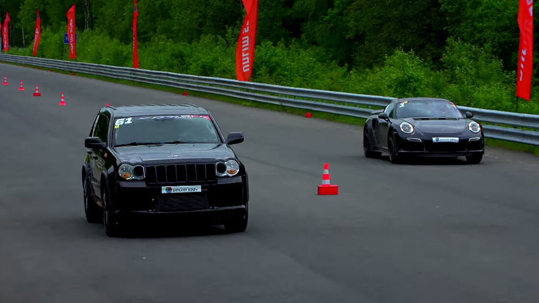 Jeep Grand Cherokee SRT8, Twin Turbo, Drag-Race, Porsche 911 Turbo S