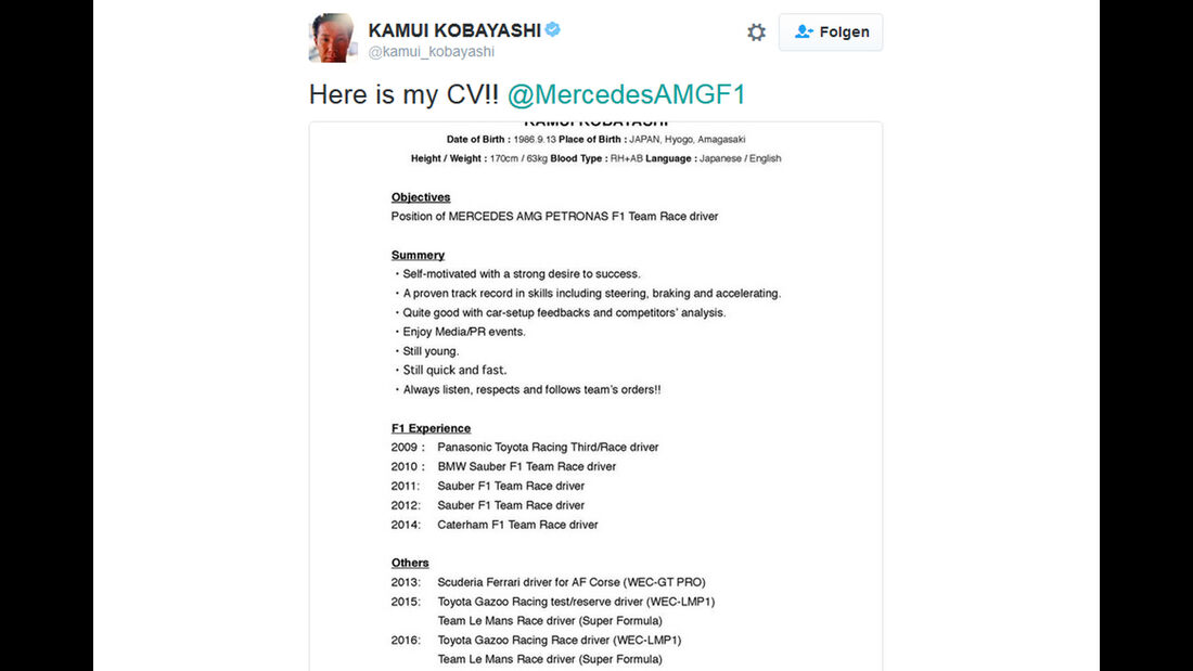 Kamui Kobayashi - Bewerbung - Mercedes