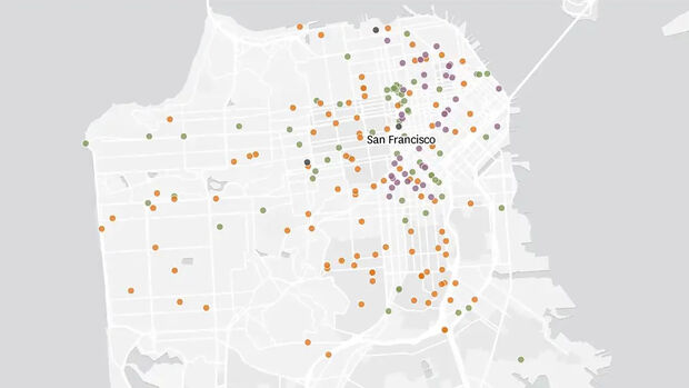 Karte Unfälle Robotaxis fahrerlose Autos San Francisco seit 2022