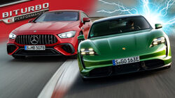Konzeptvergleich Mercedes-AMG GT Viertürer V8 Hybrid Taycan Elektro Sportwagen Collage