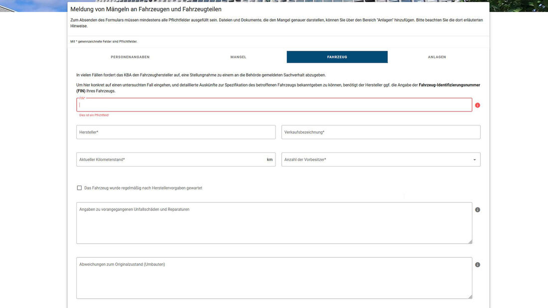 Kraftfahrtbundesamt (KBA) Mangel-Melder