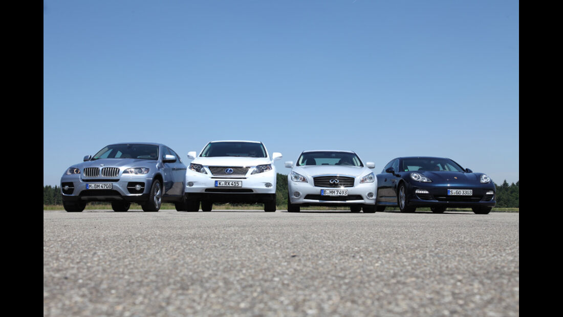 Lexus RX 450h, Infiniti M35h, Porsche Panamera S Hybrid, BMW X6 Active Hybrid, Front