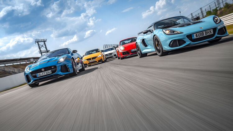 Lotus Exige Sport 410, Porsche 911 Carrera T, BMW M4, Mercedes-AMG E 63 S, Jaguar F-Type SVR - sport auto 9/2018